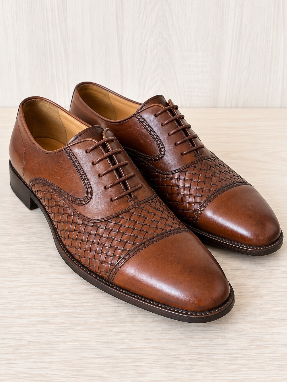 Mezlan San Juan Men’s 9.5 Brown Leather Woven Cap Toe Oxford Dress Shoes